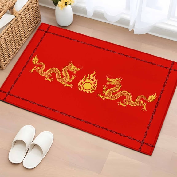 2x3 Ft Entryway Area Rug, Red Yellow Dragon Kitchen Rug Runner Washable Floor Mat, Happy New Year Non Slip Indoor Door Mat Throw Carpet for Bathroom Living Room Bedroom
