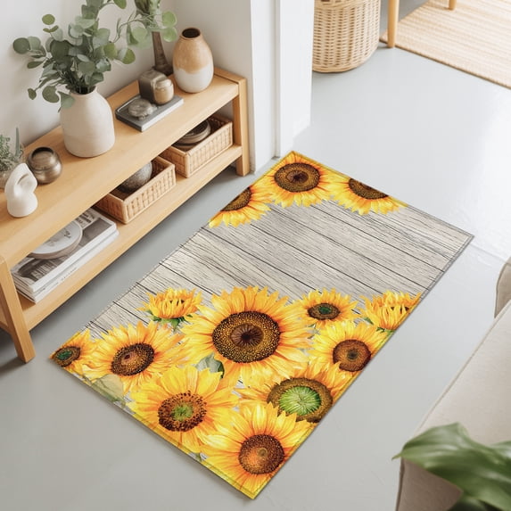 2x3 Ft Entryway Area Rug, Retro Country Floral Kitchen Rug Runner Washable Floor Mat, Summer Yellow Sunflowers Wooden Beige Non Slip Indoor Door Mat Throw Carpet for Bathroom Living Room Bedroom