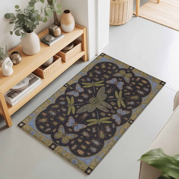 2x3 Ft Entryway Area Rug, Retro Dragonfly Kitchen Rug Runner Washable Floor Mat, Country Butterflies Insects Geometric Flowers Non Slip Indoor Door Mat Throw Carpet for Bathroom Living Room Bedroom