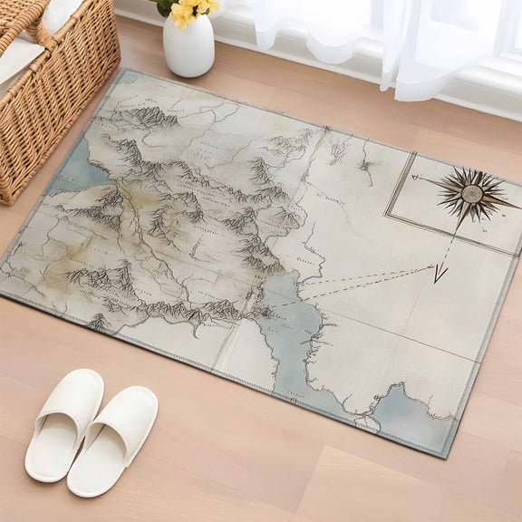 2x3 Ft Entryway Area Rug, Retro Map Kitchen Rug Runner Washable Floor Mat, Middle Century Rustic Mountain Ocean Landscape Non Slip Indoor Door Mat Throw Carpet for Bathroom Living Room Bedroom