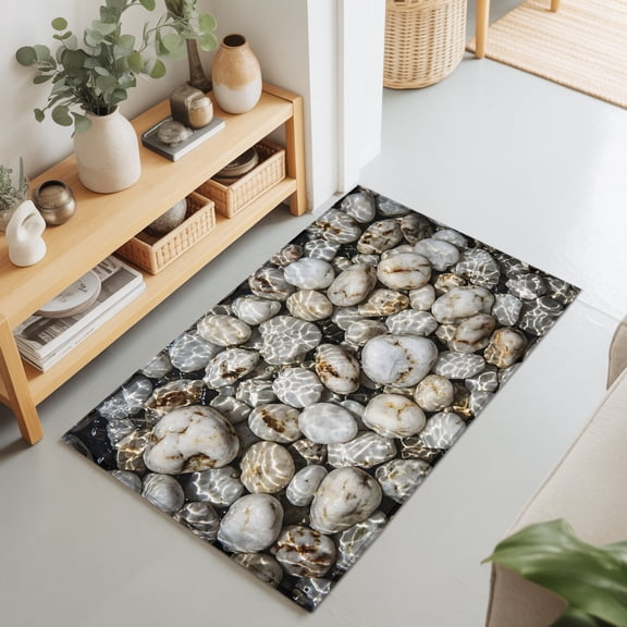 2x3 Ft Entryway Area Rug, River Stone Kitchen Rug Runner Washable Floor Mat, Nature Farmhouse Beige Brown Stacked Rocks Non Slip Indoor Door Mat Throw Carpet for Bathroom Living Room Bedroom