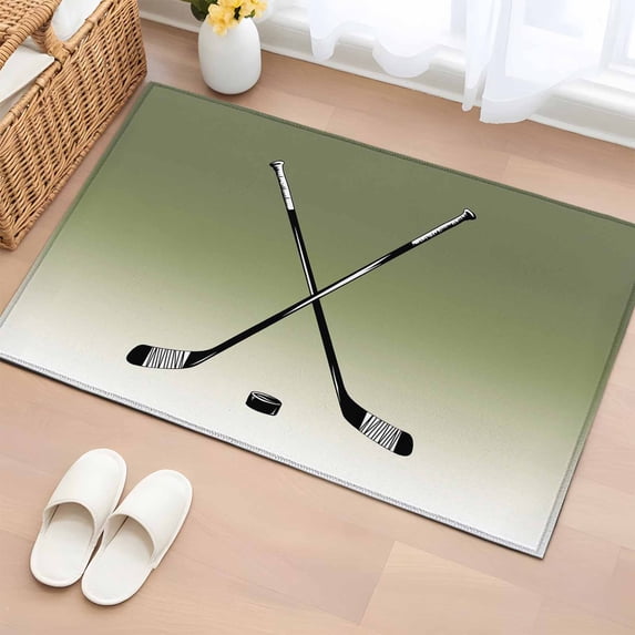 2x3 Ft Entryway Area Rug, Sage Green Beige Kitchen Rug Runner Washable Floor Mat, Ombre Ice Hockey Ball Sport Game Non Slip Indoor Door Mat Throw Carpet for Bathroom Living Room Bedroom
