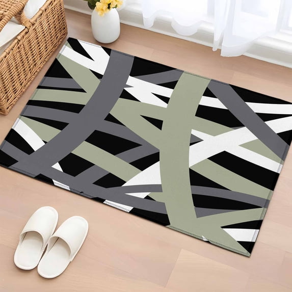 2x3 Ft Entryway Area Rug, Sage Green Black Geometric Kitchen Rug Runner Washable Floor Mat, Modern Art Abstract Grey Line Non Slip Indoor Door Mat Throw Carpet for Bathroom Living Room Bedroom