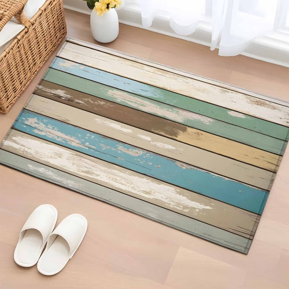 2x3 Ft Entryway Area Rug, Sage Green Blue Brown Farmhouse Kitchen Rug Runner Washable Floor Mat, Vintage Wood Non Slip Indoor Door Mat Throw Carpet for Bathroom Living Room Bedroom