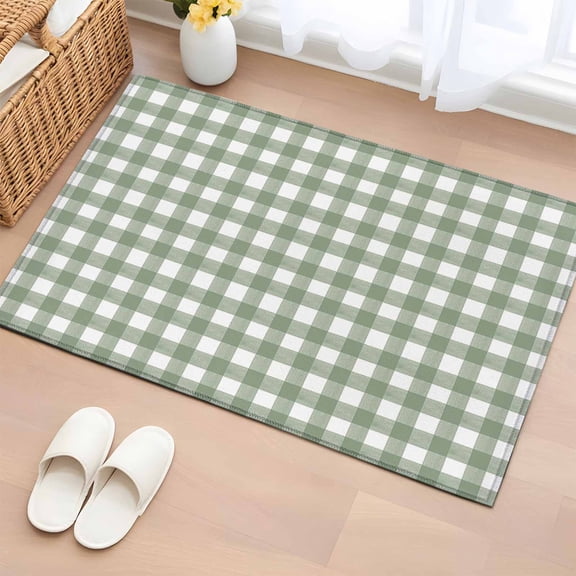 2x3 Ft Entryway Area Rug, Sage Green Buffalo Plaid Kitchen Rug Runner Washable Floor Mat, Farmhouse Green White Checkered Non Slip Indoor Door Mat Throw Carpet for Bathroom Living Room Bedroom