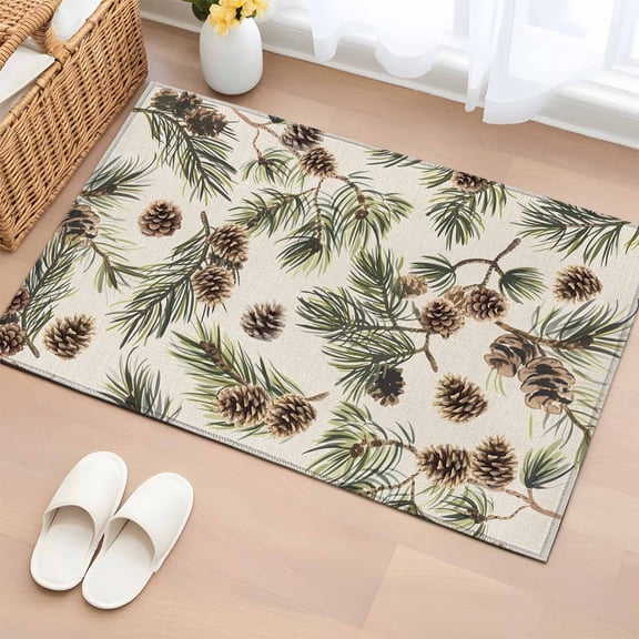 2x3 Ft Entryway Area Rug, Sage Green Christmas Kitchen Rug Runner Washable Floor Mat, Rustic Pine Cones Xmas Botanical Non Slip Indoor Door Mat Throw Carpet for Bathroom Living Room Bedroom