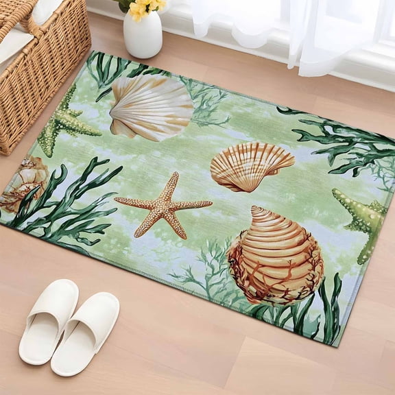 2x3 Ft Entryway Area Rug, Sage Green Coastal Kitchen Rug Runner Washable Floor Mat, Summer Ocean Starfish Shell Non Slip Indoor Door Mat Throw Carpet for Bathroom Living Room Bedroom