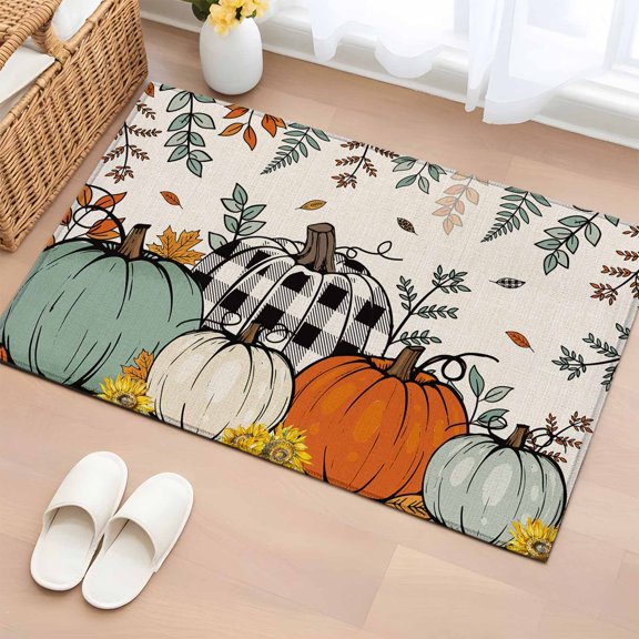 2x3 Ft Entryway Area Rug, Sage Green Fall Kitchen Rug Runner Washable Floor Mat, Thanksgiving Pumpkins Botanical Rustic Non Slip Indoor Door Mat Throw Carpet for Bathroom Living Room Bedroom