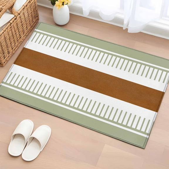 2x3 Ft Entryway Area Rug, Sage Green Farmhouse Kitchen Rug Runner Washable Floor Mat, Green Brown Striped Non Slip Indoor Door Mat Throw Carpet for Bathroom Living Room Bedroom