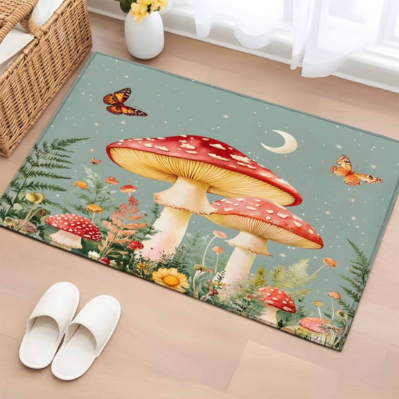 2x3 Ft Entryway Area Rug, Sage Green Mushroom Kitchen Rug Runner Washable Floor Mat, Moon Spring Summer Floral Botanical Non Slip Indoor Door Mat Throw Carpet for Bathroom Living Room Bedroom