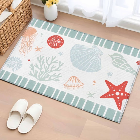 2x3 Ft Entryway Area Rug, Sage Green Red Coastal Kitchen Rug Runner Washable Floor Mat, Ocean Nautical Starfish Coral Striped Non Slip Indoor Door Mat Throw Carpet for Bathroom Living Room Bedroom