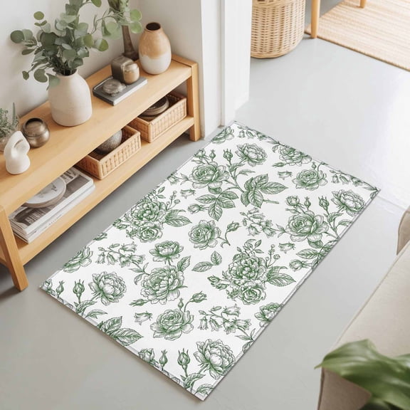 2x3 Ft Entryway Area Rug, Sage Green Rose Kitchen Rug Runner Washable Floor Mat, Rustic Vintage Botanical Floral Watercolor Non Slip Indoor Door Mat Throw Carpet for Bathroom Living Room Bedroom