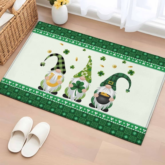 2x3 Ft Entryway Area Rug, Saint Patrick's Day Kitchen Rug Runner Washable Floor Mat, Green Gnomes Shamrock Gold Coin Non Slip Indoor Door Mat Throw Carpet for Bathroom Living Room Bedroom