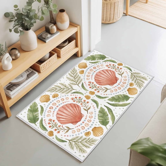2x3 Ft Entryway Area Rug, Scallop Shell Kitchen Rug Runner Washable Floor Mat, Coastal Palm Leaves Tropical Boho Botanical Non Slip Indoor Door Mat Throw Carpet for Bathroom Living Room Bedroom