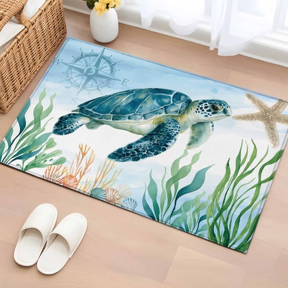 2x3 Ft Entryway Area Rug, Sea Turtle Coastal Kitchen Rug Runner Washable Floor Mat, Summer Beach Nautical Starfish Compass Non Slip Indoor Door Mat Throw Carpet for Bathroom Living Room Bedroom