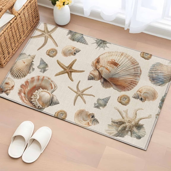 2x3 Ft Entryway Area Rug, Seashell Coastal Kitchen Rug Runner Washable Floor Mat, Summer Beach Ocean Starfish Burlap Non Slip Indoor Door Mat Throw Carpet for Bathroom Living Room Bedroom