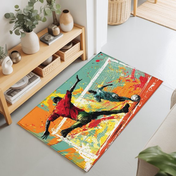 2x3 Ft Entryway Area Rug, Soccer Match Kitchen Rug Runner Washable Floor Mat, Abstract Players Goal Post Action Silhouette Non Slip Indoor Door Mat Throw Carpet for Bathroom Living Room Bedroom