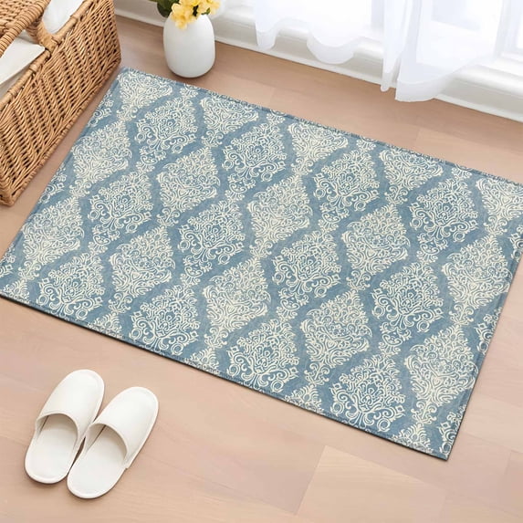 2x3 Ft Entryway Area Rug, Southwestern Blue Boho Kitchen Rug Runner Washable Floor Mat, Vintage Mexican Ethnic Flowers Non Slip Indoor Door Mat Throw Carpet for Bathroom Living Room Bedroom