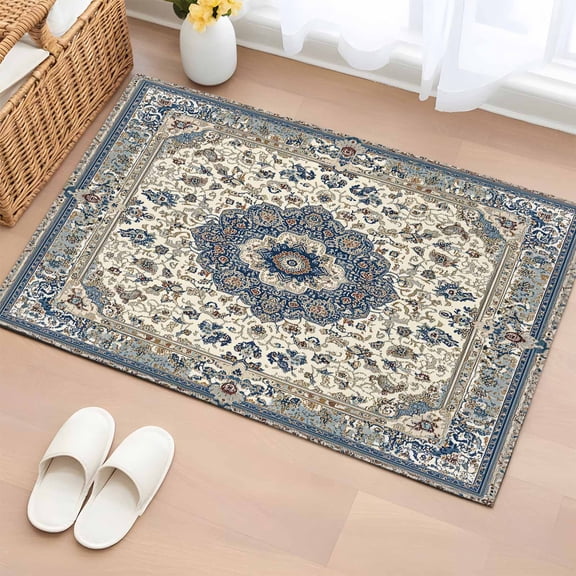 2x3 Ft Entryway Area Rug, Southwestern Boho Blue Kitchen Rug Runner Washable Floor Mat, Ethnic Geometric Farmhouse Non Slip Indoor Door Mat Throw Carpet for Bathroom Living Room Bedroom