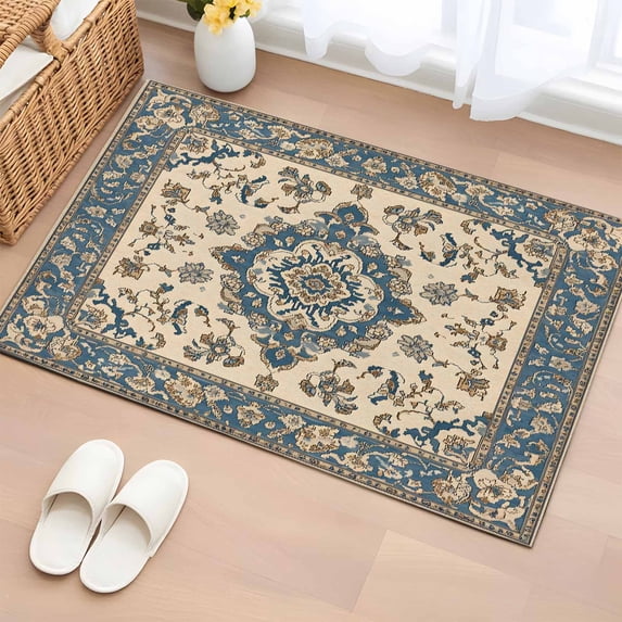 2x3 Ft Entryway Area Rug, Southwestern Boho Blue Kitchen Rug Runner Washable Floor Mat, Ethnic Geometric Rustic Non Slip Indoor Door Mat Throw Carpet for Bathroom Living Room Bedroom