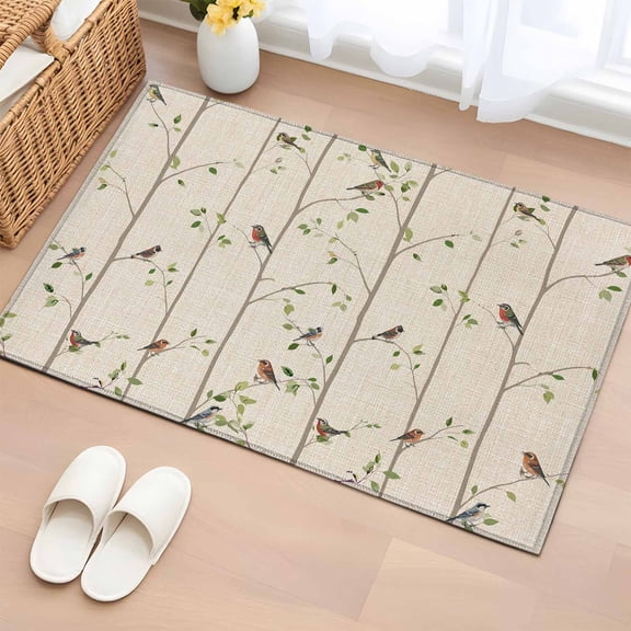 2x3 Ft Entryway Area Rug, Sparrow Kitchen Rug Runner Washable Floor Mat, Spring Birds on The Branches Retro Country Beige Non Slip Indoor Door Mat Throw Carpet for Bathroom Living Room Bedroom