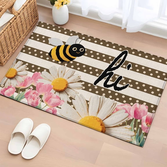 2x3 Ft Entryway Area Rug, Spring Bees Daisy Kitchen Rug Runner Washable Floor Mat, Rustic Tulips Dots Brown Striped Burlap Non Slip Indoor Door Mat Throw Carpet for Bathroom Living Room Bedroom