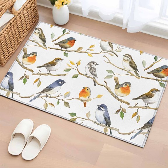 2x3 Ft Entryway Area Rug, Spring Bird Kitchen Rug Runner Washable Floor Mat, Colored Leaf Branch Painting Watercolor Non Slip Indoor Door Mat Throw Carpet for Bathroom Living Room Bedroom