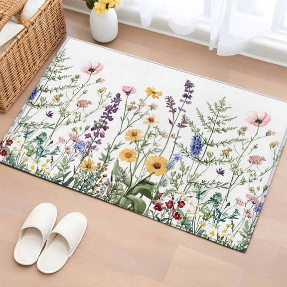 2x3 Ft Entryway Area Rug, Spring Floral Kitchen Rug Runner Washable Floor Mat, Pastoral Summer Botanical Flowers Herb Non Slip Indoor Door Mat Throw Carpet for Bathroom Living Room Bedroom