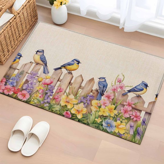 2x3 Ft Entryway Area Rug, Spring Floral Kitchen Rug Runner Washable Floor Mat, Summer Birds Botanical Fence Rustic Non Slip Indoor Door Mat Throw Carpet for Bathroom Living Room Bedroom