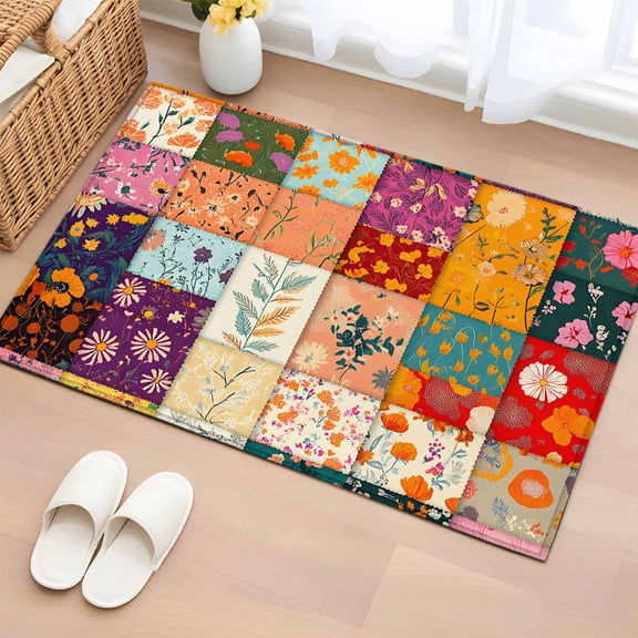 2x3 Ft Entryway Area Rug, Spring Floral Kitchen Rug Runner Washable Floor Mat, Summer Botanical Retro Checkered Colorful Non Slip Indoor Door Mat Throw Carpet for Bathroom Living Room Bedroom
