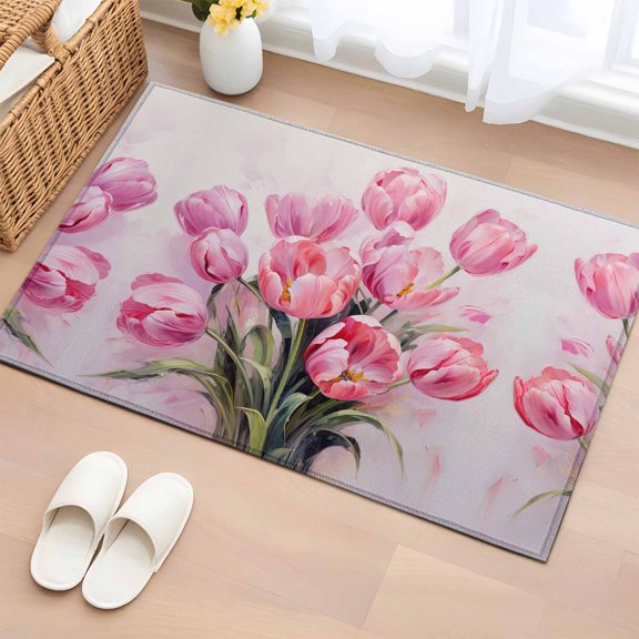 2x3 Ft Entryway Area Rug, Spring Floral Kitchen Rug Runner Washable Floor Mat, Watercolor Pink Flowers Tulip Botanical Non Slip Indoor Door Mat Throw Carpet for Bathroom Living Room Bedroom