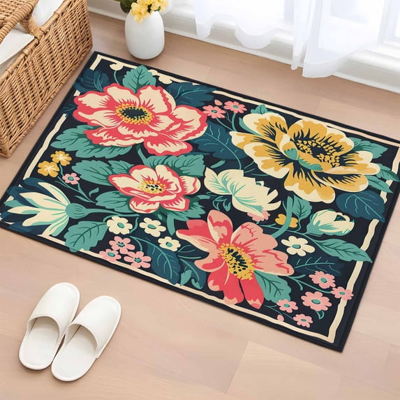 2x3 Ft Entryway Area Rug, Spring Floral Kitchen Rug Runner Washable Floor Mat, Watercolor Vintage Red Yellow Green Non Slip Indoor Door Mat Throw Carpet for Bathroom Living Room Bedroom