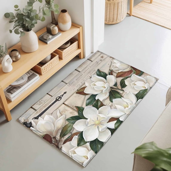 2x3 Ft Entryway Area Rug, Spring Floral Kitchen Rug Runner Washable Floor Mat, White Magnolia Flowers Barn Door Farmhouse Beige Non Slip Indoor Door Mat Throw Carpet for Bathroom Living Room Bedroom