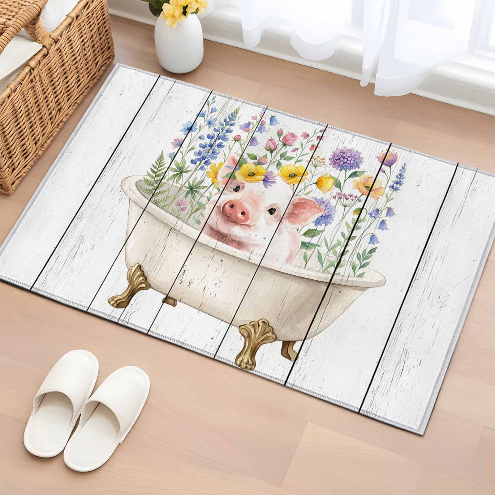 2x3 Ft Entryway Area Rug, Spring Floral Pig Kitchen Rug Runner Washable ...