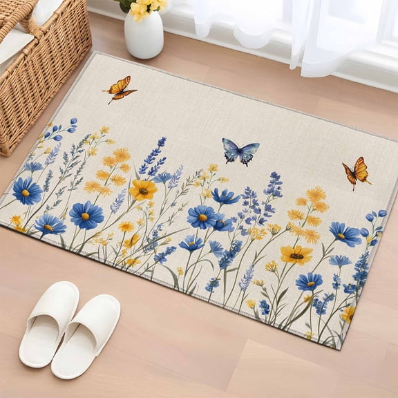 2x3 Ft Entryway Area Rug, Spring Flowers Kitchen Rug Runner Washable Floor Mat, Summer Rustic Butterfly Botanical Beige Non Slip Indoor Door Mat Throw Carpet for Bathroom Living Room Bedroom