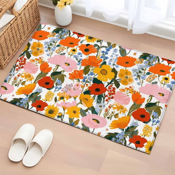 2x3 Ft Entryway Area Rug, Spring Flowers Kitchen Rug Runner Washable Floor Mat, Watercolor Floral Daisy Poppy Plants Rustic Non Slip Indoor Door Mat Throw Carpet for Bathroom Living Room Bedroom