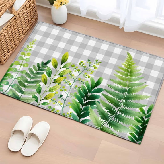 2x3 Ft Entryway Area Rug, Spring Leaves Kitchen Rug Runner Washable Floor Mat, Pastoral Garden Botanical Gray Plaid Non Slip Indoor Door Mat Throw Carpet for Bathroom Living Room Bedroom