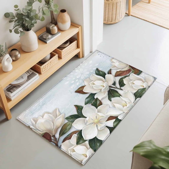 2x3 Ft Entryway Area Rug, Spring Magnolia Flower Kitchen Rug Runner Washable Floor Mat, White Floral Botanical Light Blue Non Slip Indoor Door Mat Throw Carpet for Bathroom Living Room Bedroom