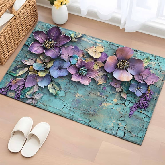 2x3 Ft Entryway Area Rug, Spring Purple Flower Kitchen Rug Runner Washable Floor Mat, Retro Wall Seamless Garden Pastoral Non Slip Indoor Door Mat Throw Carpet for Bathroom Living Room Bedroom