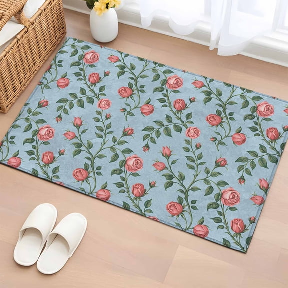 2x3 Ft Entryway Area Rug, Spring Roses Botanical Kitchen Rug Runner Washable Floor Mat, Farmhouse Floral Blue Non Slip Indoor Door Mat Throw Carpet for Bathroom Living Room Bedroom