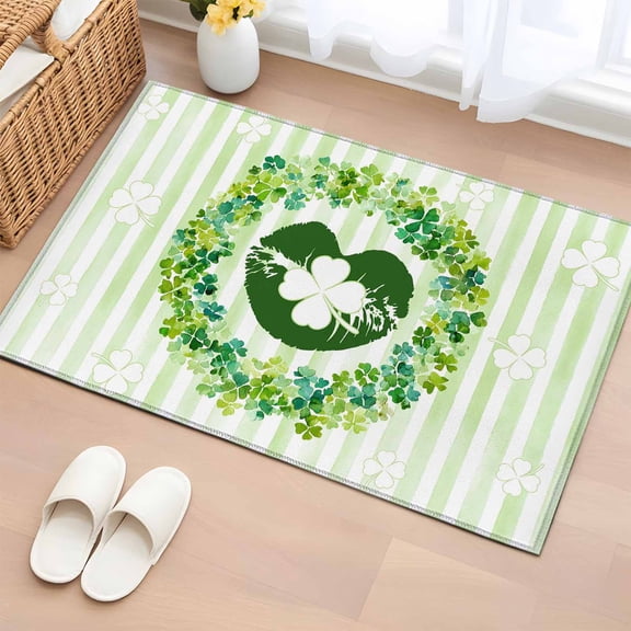 2x3 Ft Entryway Area Rug, St. Patrick's Day Kitchen Rug Runner Washable Floor Mat, Lucky Shamrock Wreath Lips Green Stripes Non Slip Indoor Door Mat Throw Carpet for Bathroom Living Room Bedroom