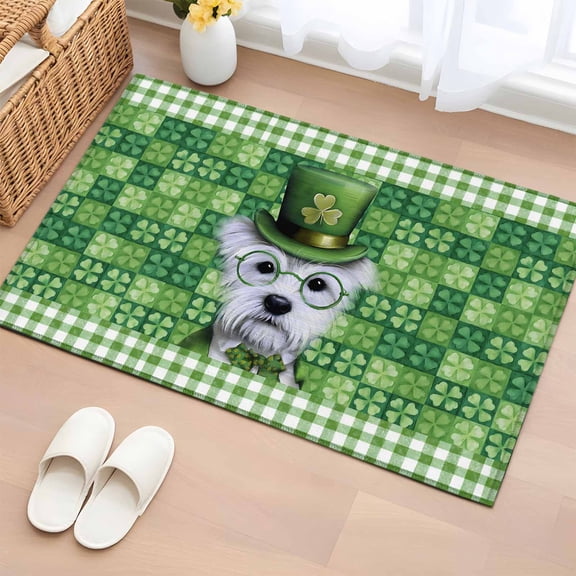 2x3 Ft Entryway Area Rug, St. Patrick's Day Kitchen Rug Runner Washable Floor Mat, Spring Lucky Shamrock Cute Puppy Green Plaid Non Slip Indoor Door Mat Throw Carpet for Bathroom Living Room Bedroom