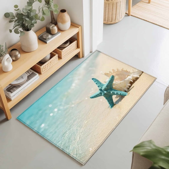 2x3 Ft Entryway Area Rug, Summer Beach Kitchen Rug Runner Washable Floor Mat, Tropical Turquoise Starfish Conch Coastal Non Slip Indoor Door Mat Throw Carpet for Bathroom Living Room Bedroom