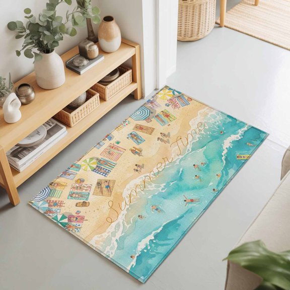 2x3 Ft Entryway Area Rug, Summer Beach Time Kitchen Rug Runner Washable Floor Mat, Ocean Waves Leisure Time Sandy Non Slip Indoor Door Mat Throw Carpet for Bathroom Living Room Bedroom