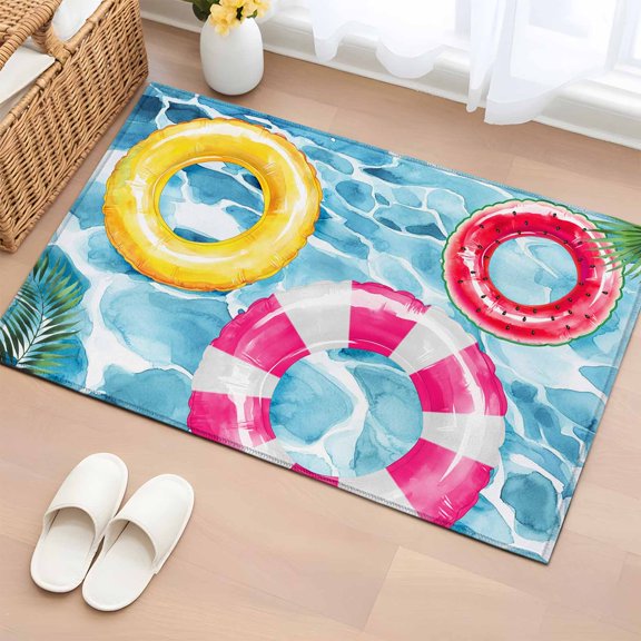 2x3 Ft Entryway Area Rug, Summer Blue Pool Kitchen Rug Runner Washable Floor Mat, Ocean Beach Swimming Ring Vintage Non Slip Indoor Door Mat Throw Carpet for Bathroom Living Room Bedroom