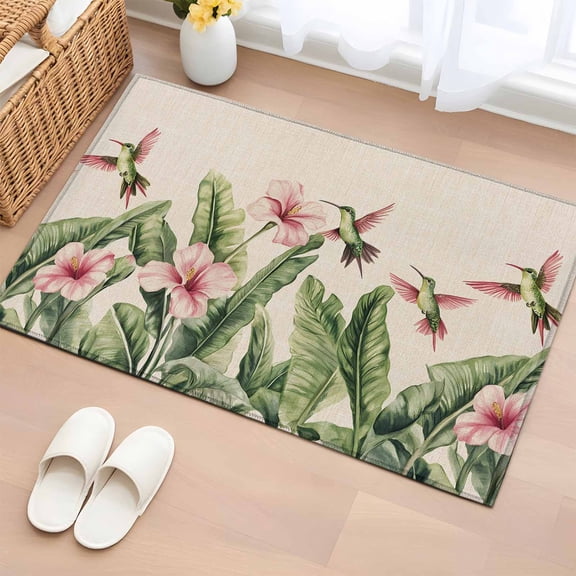 2x3 Ft Entryway Area Rug, Summer Flowers Kitchen Rug Runner Washable Floor Mat, Retro Country Tropical Palm Leaves Birds Non Slip Indoor Door Mat Throw Carpet for Bathroom Living Room Bedroom