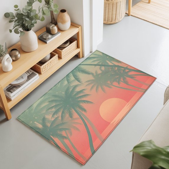 2x3 Ft Entryway Area Rug, Summer Palm Tree Kitchen Rug Runner Washable Floor Mat, Pink Sunset Ocean Sea Boho Tropical Plants Non Slip Indoor Door Mat Throw Carpet for Bathroom Living Room Bedroom