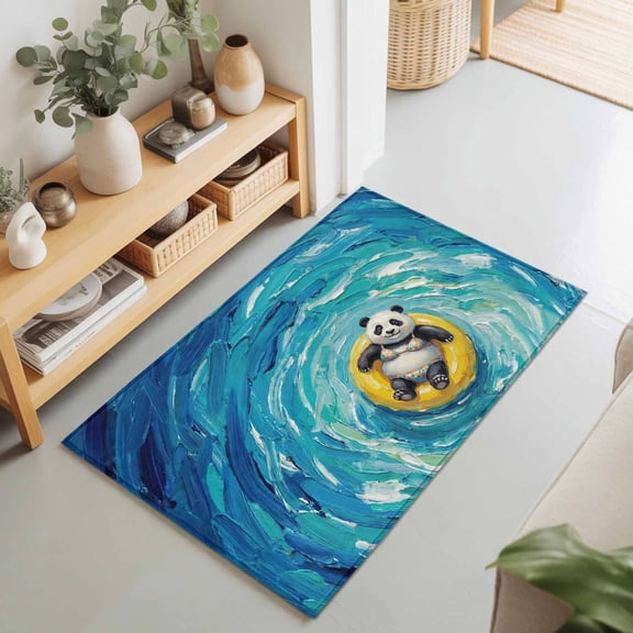 2x3 Ft Entryway Area Rug, Summer Panda Kitchen Rug Runner Washable Floor Mat, Blue Ocean Oil Painting Swimming Ring Non Slip Indoor Door Mat Throw Carpet for Bathroom Living Room Bedroom