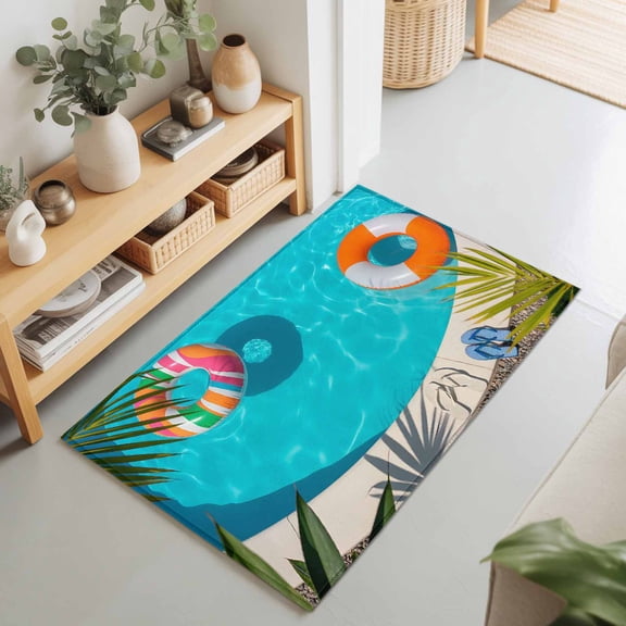 2x3 Ft Entryway Area Rug, Summer Pool Kitchen Rug Runner Washable Floor Mat, Tropical Botanical Swimming Ring Non Slip Indoor Door Mat Throw Carpet for Bathroom Living Room Bedroom