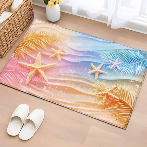 2x3 Ft Entryway Area Rug, Summer Tropical Palm Leaves Kitchen Rug Runner Washable Floor Mat, Beach Starfish Coastal Non Slip Indoor Door Mat Throw Carpet for Bathroom Living Room Bedroom